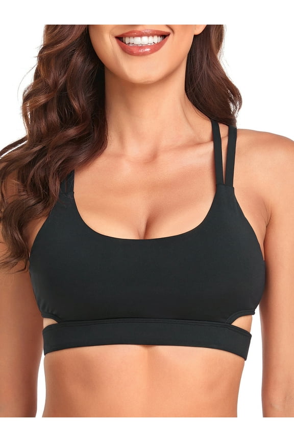 Women's Scoop Neck Strappy Cutout Sport Bra Fitness Support Workout Tops