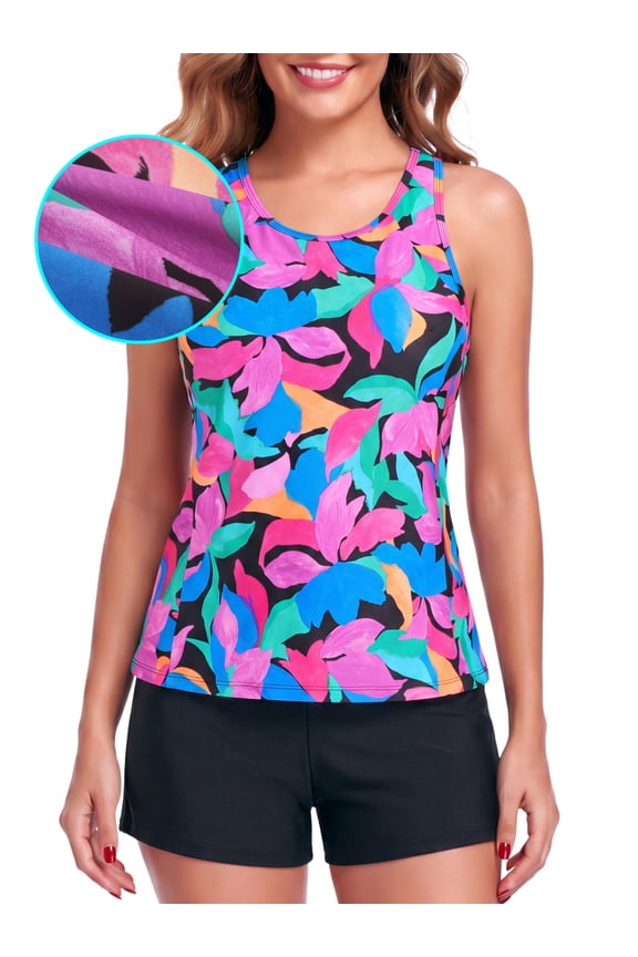 Women's Plus Size Swimwear Scoop Neck Tankini Tops with Shorts Swimsuit for Women two piece bathing suits Colorful Leaves+Black Size XXXL