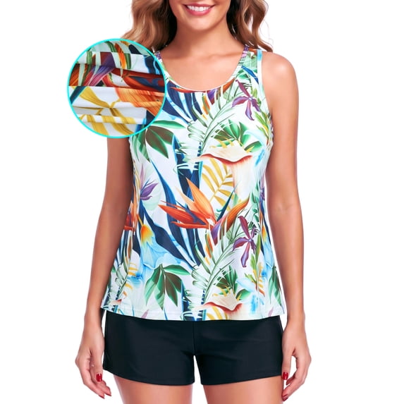 RELLECIGA Women's Swimwear Scoop Neck Tankini Tops with Shorts Swimsuit for Women two piece bathing suits Leaf Print+Black Size XL
