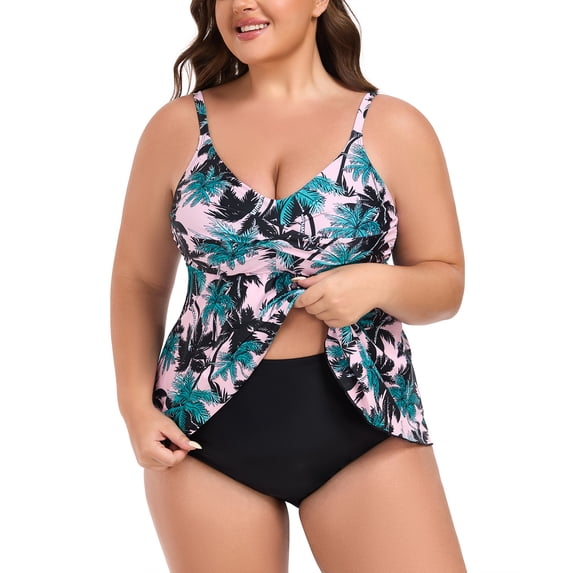 RELLECIGA Women's Swimsuit Set V Neck Tankini Top with High Waisted Full Coverage Bottom Two Piece Bathing Suit Plus Size XXXL