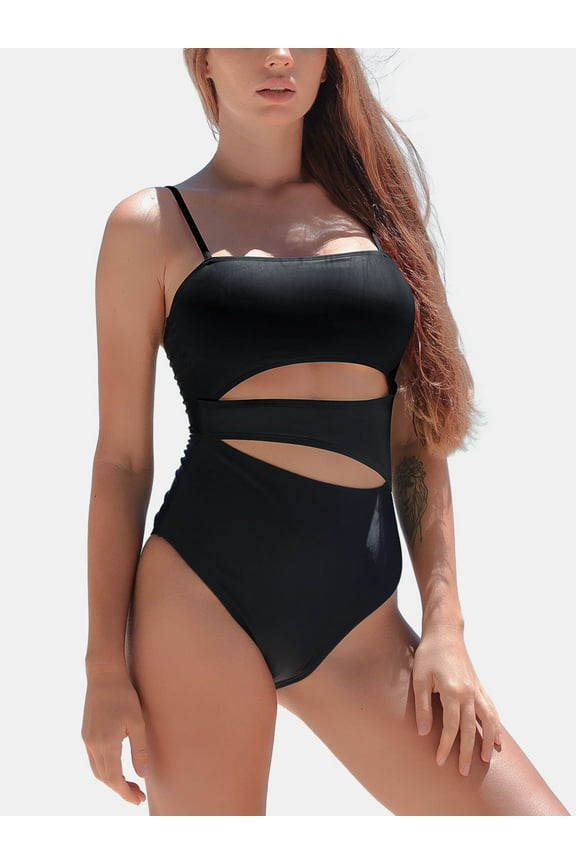 Women's Tummy Control Cut Out 1 Piece Black Bandeau High Cut One Piece Swimsuit Sexy Monokini Bathing Suits
