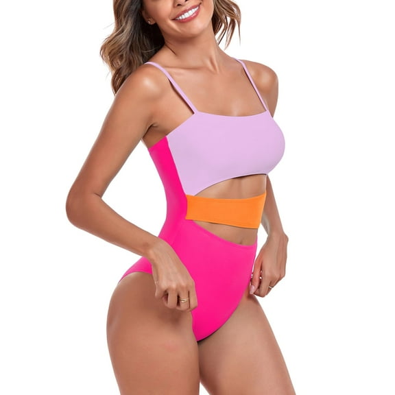 RELLECIGA Women's Tummy Control Cut Out 1 Piece Splicing Color Block Bandeau High Cut One Piece Swimsuit Sexy Monokini Bathing Suits