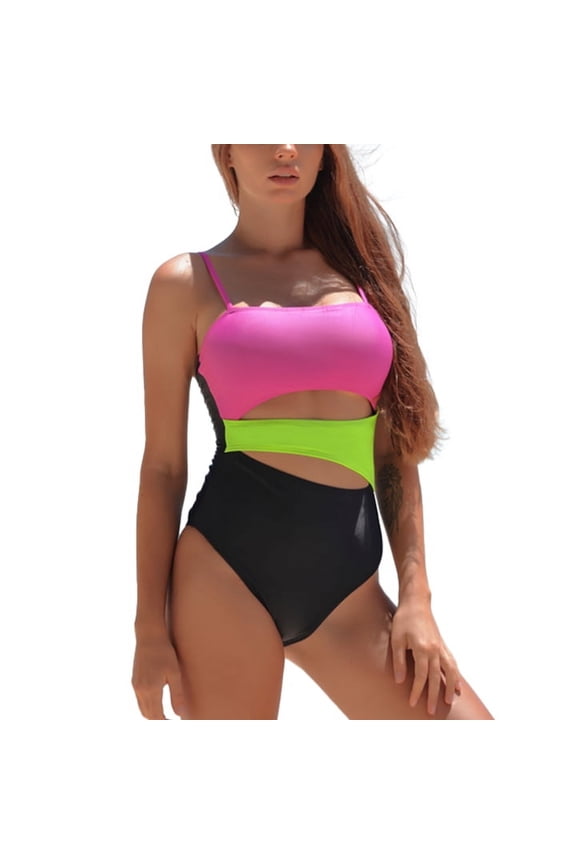 Women's Tummy Control Cut Out 1 Piece Splicing Color Block Bandeau High Cut One Piece Swimsuit Sexy Monokini Bathing Suits