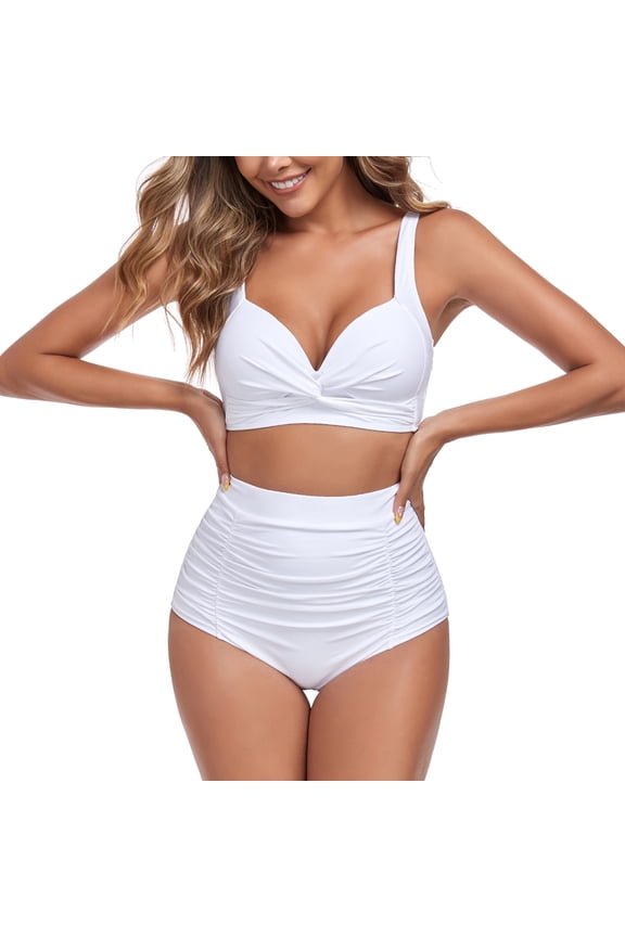 Women's Tummy Control Swimsuit Bikini Set V Neck Two Piece Bathing Suits Swimwear