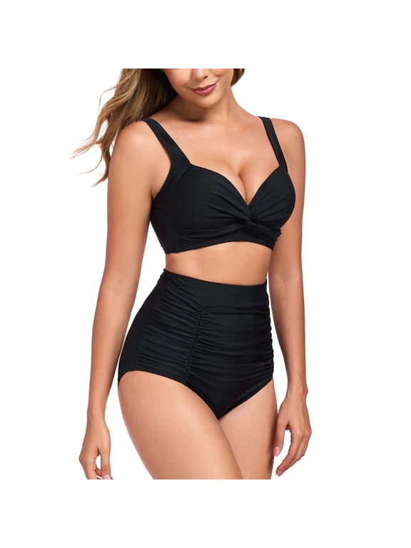 Women's Tummy Control Swimsuit Bikini Set V Neck Two Piece Bathing Suits Swimwear