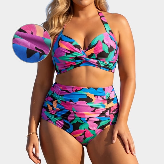 RELLECIGA Women's Tummy Control Swimsuit Bikini Set V Neck Two Piece Bathing Suits Swimwear