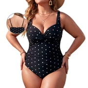 RELLECIGA Women's Twist Front One Piece Swimsuit for Lady Ruched Tummy Control One Piece Bathing Suits for Women Black Polka Dot Size S