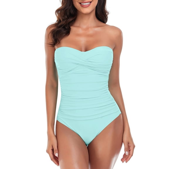 RELLECIGA Women's Twist Front Ruched One Piece Swimwear Bandeau Strapless Swimsuit Tummy Control One piece Bathing Suit