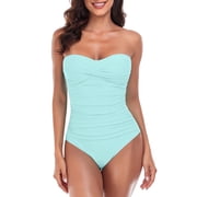 RELLECIGA Womens Twist Front Ruched One Piece Swimwear Bandeau Strapless Swimsuit Tummy Control One piece Bathing Suit