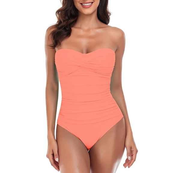 RELLECIGA Women's Twist Front Ruched One Piece Swimwear Bandeau Strapless Swimsuit Tummy Control One piece Bathing Suit