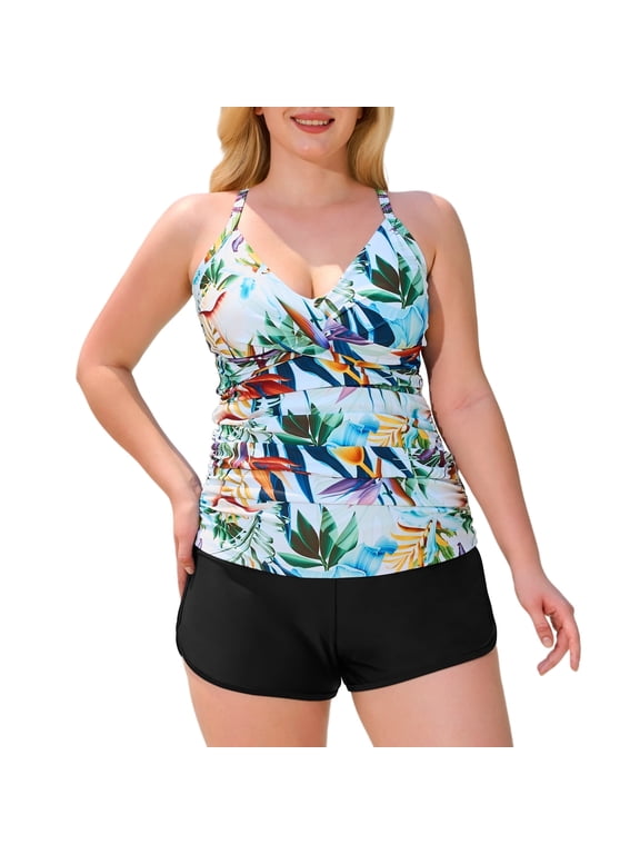 Women's Twist Front Ruched Tankini Bathing Suits Vintage Two Piece V-Neck Tummy Control Swimsuits