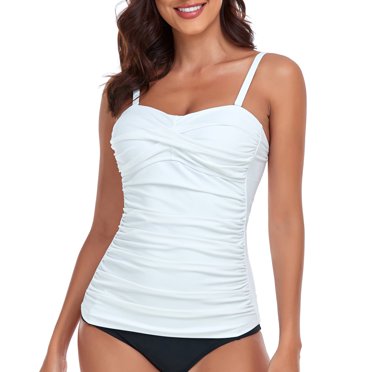 RELLECIGA Women's Twist Ruched Bandeau Tankini Top White Tube Top Swimsuit Molded Cups Tummy Control Sexy Bathing Suits Top Only