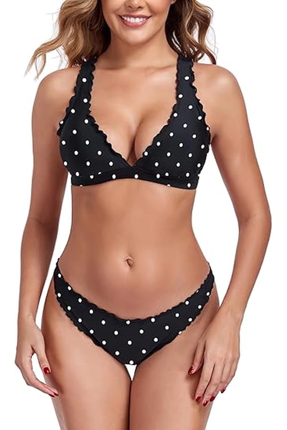 Women's V Neck Bikini Set Wave Triangle Top Cheeky Two Piece Bathing Suits