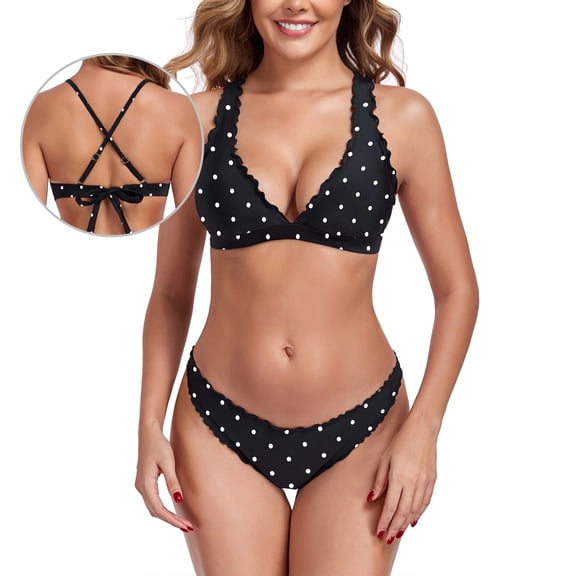 RELLECIGA Women's V Neck Bikini Set Wave Triangle Top Cheeky Two Piece Bathing Suits