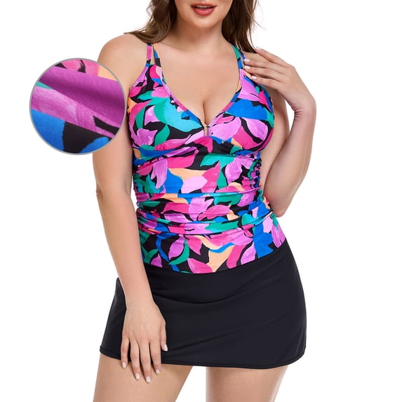 RELLECIGA Women's V Neck Ruched Tankini Swimsuit With Skirt Two Piece Bathing Suits