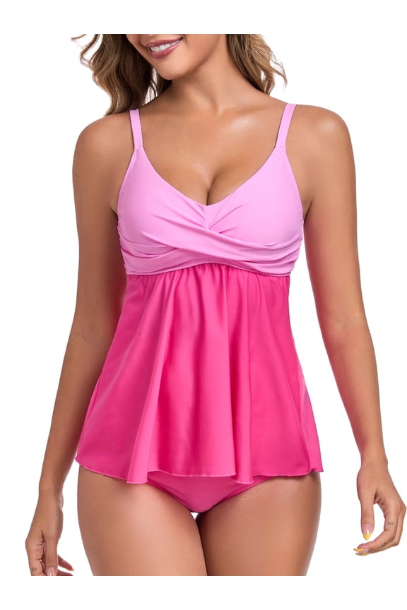 Women's Swimsuit Set V Neck Tankini Top with High Waisted Full Coverage Bottom Two Piece Bathing Suit Size S