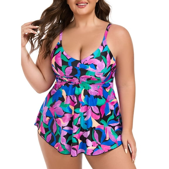 RELLECIGA Women's Swimsuit Set V Neck Tankini Top with High Waisted Full Coverage Bottom Two Piece Bathing Suit Size S