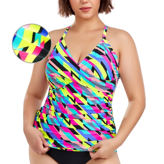 RELLECIGA Women's V Neckline Tankini Top Bathing Suits Ruched Swimwear