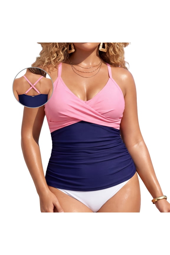 Women's V Neckline Tankini Top Bathing Suits Ruched Swimwear