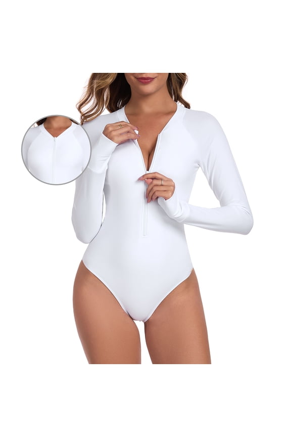 Women's White Rash Guard Long Sleeve UV Protection Women Tummy Control Zipper One Piece Swimsuit Sexy Monokini Bathing Suits Size XL