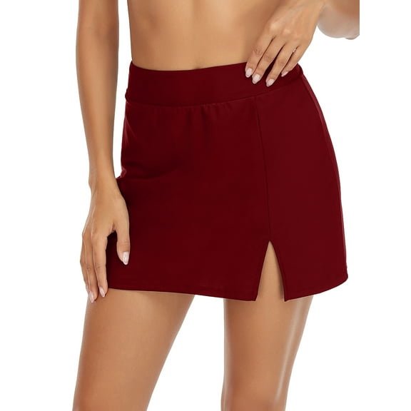 RELLECIGA Women's Wine Red High Waisted Swim Skirt Side Split Skort Bikini Bottom Size Small