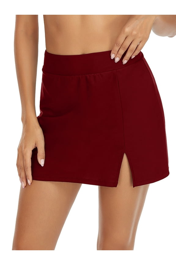 Women's Wine Red High Waisted Swim Skirt Side Split Skort Bikini Bottom Size Small