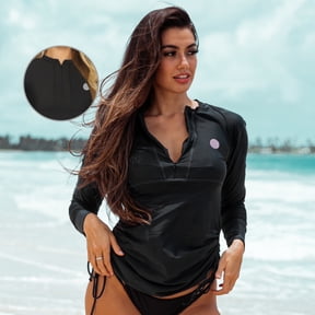 RELLECIGA Womens UPF50+ Sun Protection Long Sleeve Rash guard Zipper Front Swimsuit Tankini Top Swim Shirt for Women Bathing Suit Black