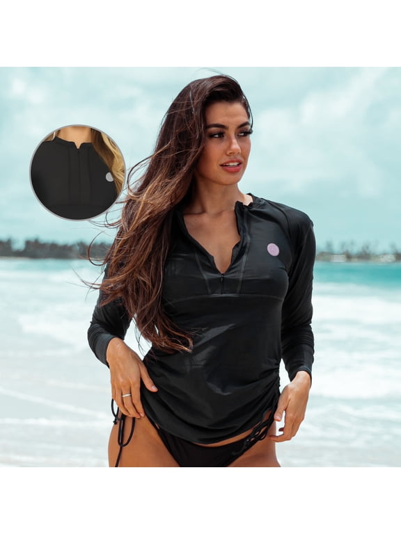 Womens UPF50+ Sun Protection Long Sleeve Rash guard Zipper Front Swimsuit Tankini Top Swim Shirt for Women Bathing Suit Black