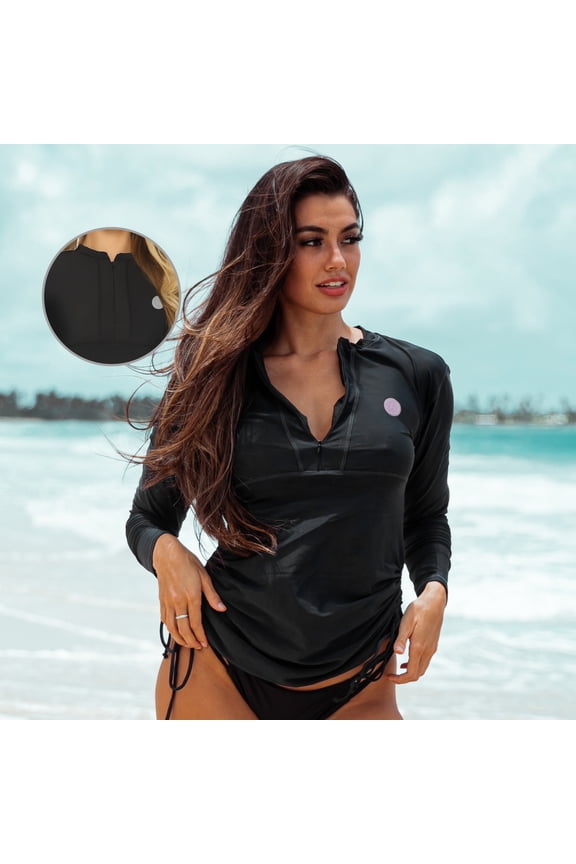 Womens UPF50+ Sun Protection Long Sleeve Rash guard Zipper Front Swimsuit Tankini Top Swim Shirt for Women Bathing Suit Black