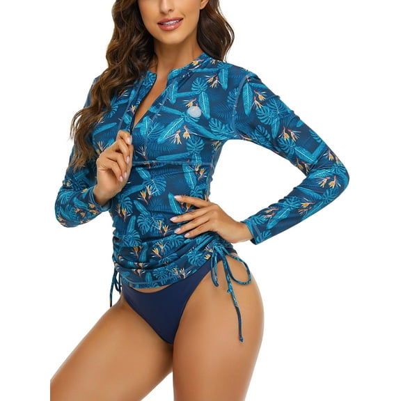 RELLECIGA Womens UPF50  Sun Protection Long Sleeve Rash guard Zipper Front Swimsuit Tankini Top Swim Shirt for Women Floral Bathing Suit
