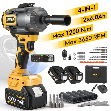 RELOIVE Cordless Impact Wrench Kit,885 FT-lbs(1200N.m) Max Torque,1/2" Heavy-Duty Brushless Motor,4-IN-1 Electric Impact Driver,2 x 4.0Ah Batteries for Car Home Repair