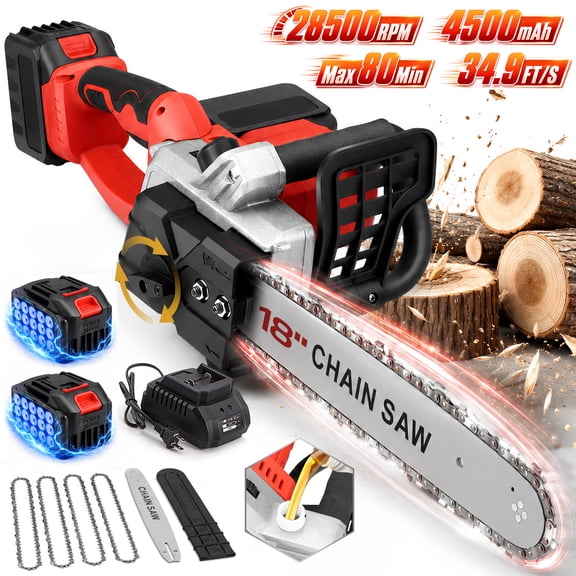 RELOIVE 18-inch Cordless Electric Chainsaw with Brushless Motor, 28,500 RPM, 34.9 FT/S Chain Speed, Includes 2 x 4.5Ah Batteries, 4 Chains,Portable Handheld Wood Cutting Tool