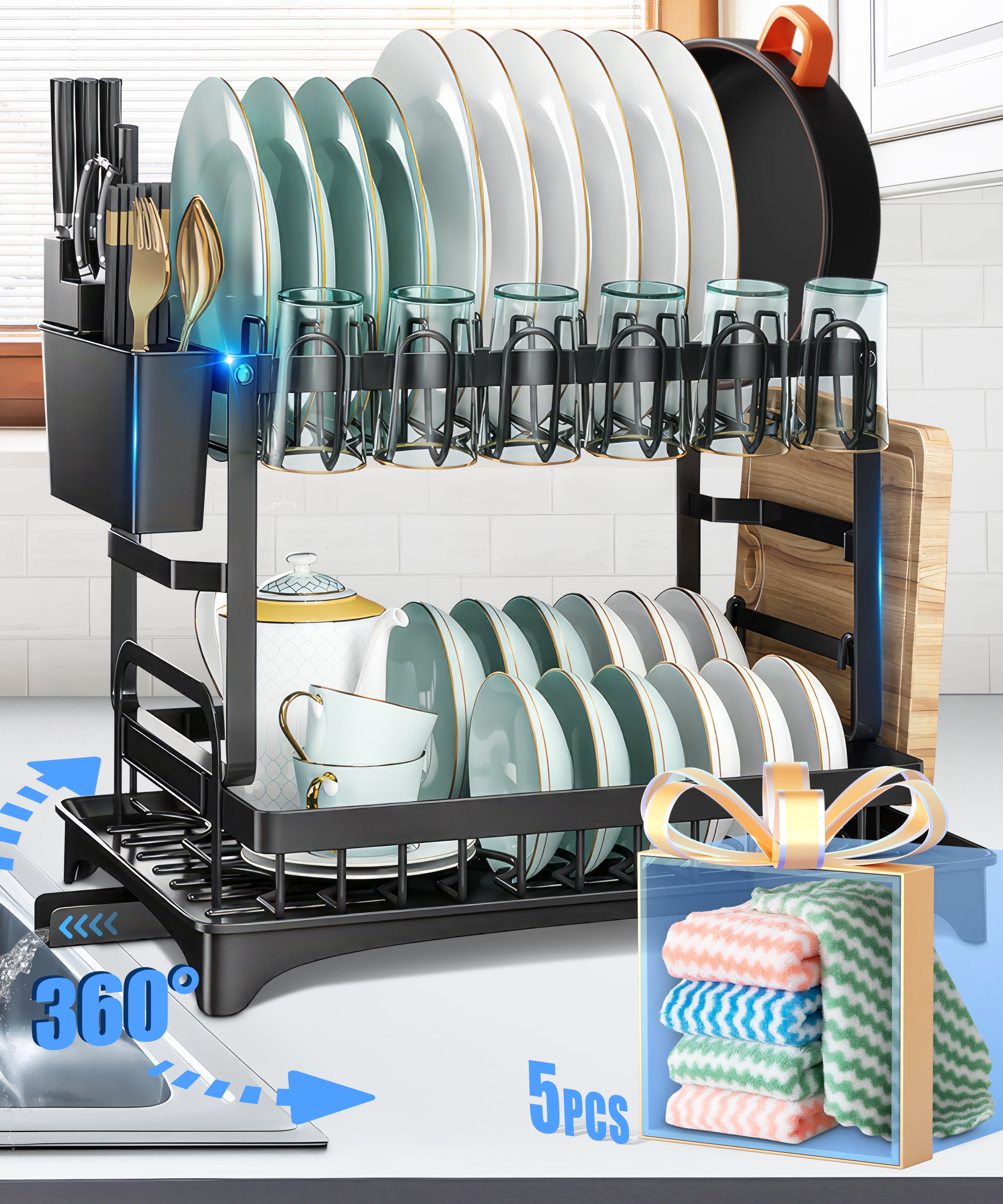 RELOIVE 2 Tier Dish Racks with 5 Pcs Dish Towels , Dish Drying Rack with Dish Drainer, Durable Stainless Steel Dish Rack Drain Set with Utensil Holder, Cutting Board Holder, Kitchen - Walmart.com