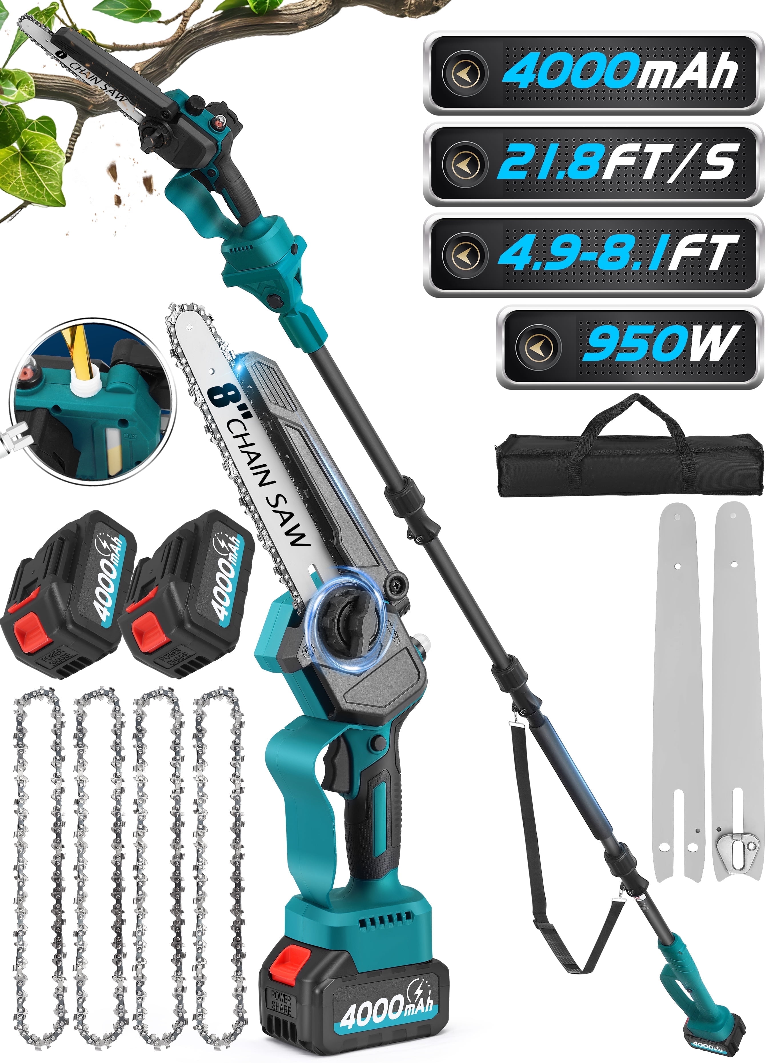 2-in-1 Electric Pole Saw & 8" Chainsaw - Cordless, 21V Battery, Brushless Motor, 15ft Reach For Tree Trimming