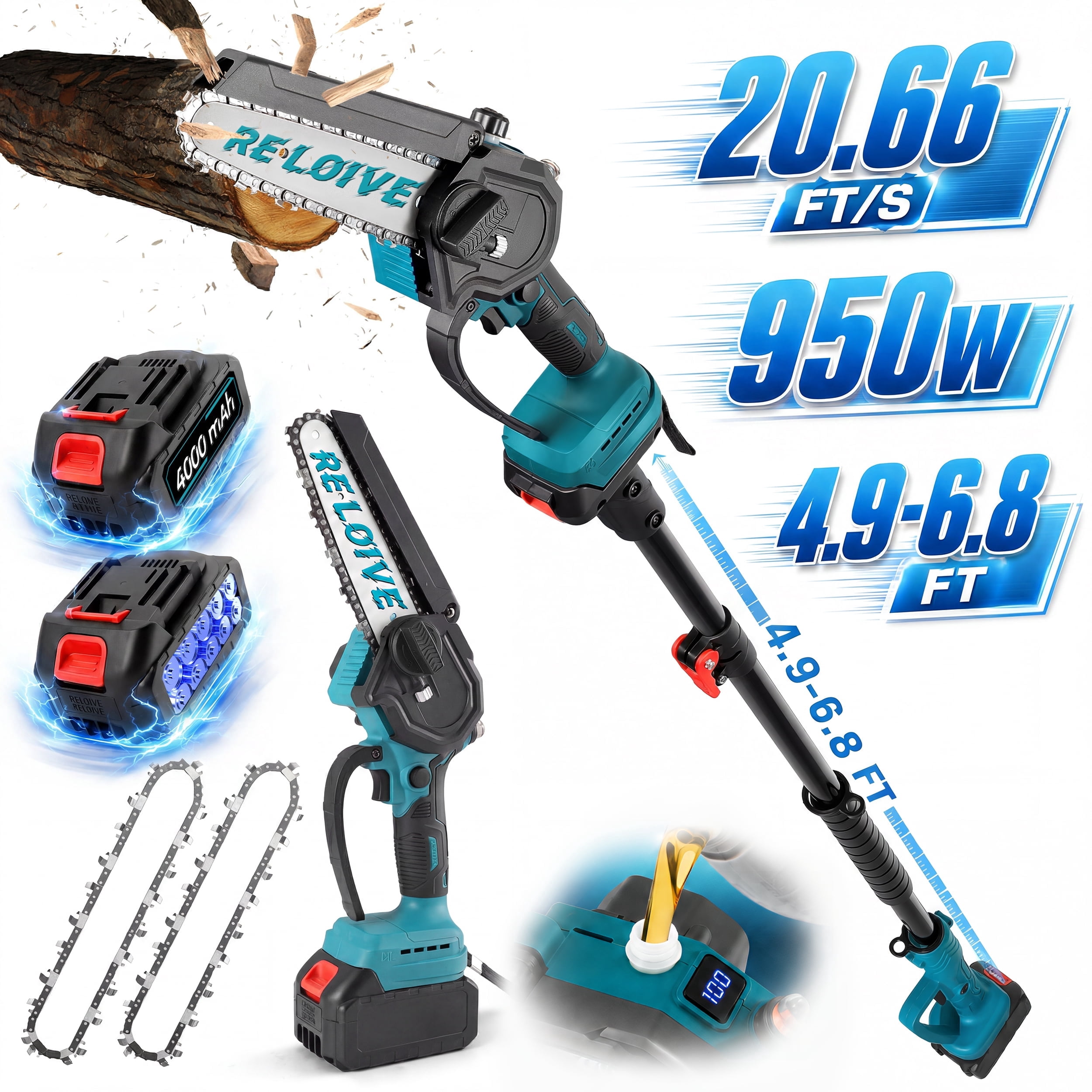 Wlmart Signs RELOIVE 2-in-1 Cordless Pole Saw & Mini Chainsaw, 6inch & 4inch, with ...