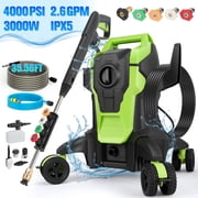 RELOIVE 4000 PSI Pressure Washer Electric, 2.6 GPM 3000W Power Washer with 32.4 FT Hose&6 Nozzles, Foam Cannon & Car Wash Brush, 360  Wheels for Driveway, Patio, Cars, Fence Cleaning