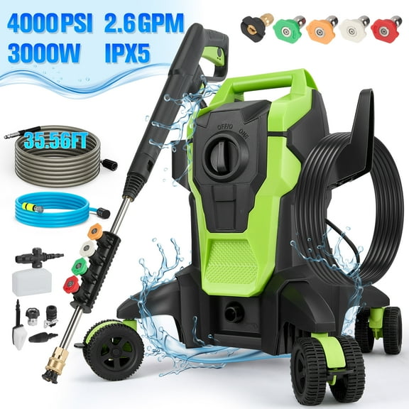 RELOIVE 4000 PSI Pressure Washer Electric, 2.6 GPM 3000W Power Washer with 32.4 FT Hose&6 Nozzles, Foam Cannon & Car Wash Brush, 360° Wheels for Driveway, Patio, Cars, Fence Cleaning