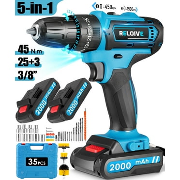 RELOIVE 21V Cordless Drill , 35Pcs Power Drill Set with 2×2.0Ah Battery& Fast Charger, 25+3 Position,45Nm Torque, 3/8" Keyless Chuck, 2-Speed,LED