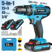 RELOIVE 21V Cordless Drill,Electric Power Drill Set with 2×2.0Ah Battery&Charger,3/8" Keyless Chuck,2-Speed,45N.m Torque,25+3 Position,35pcs Drill/Driver Bits
