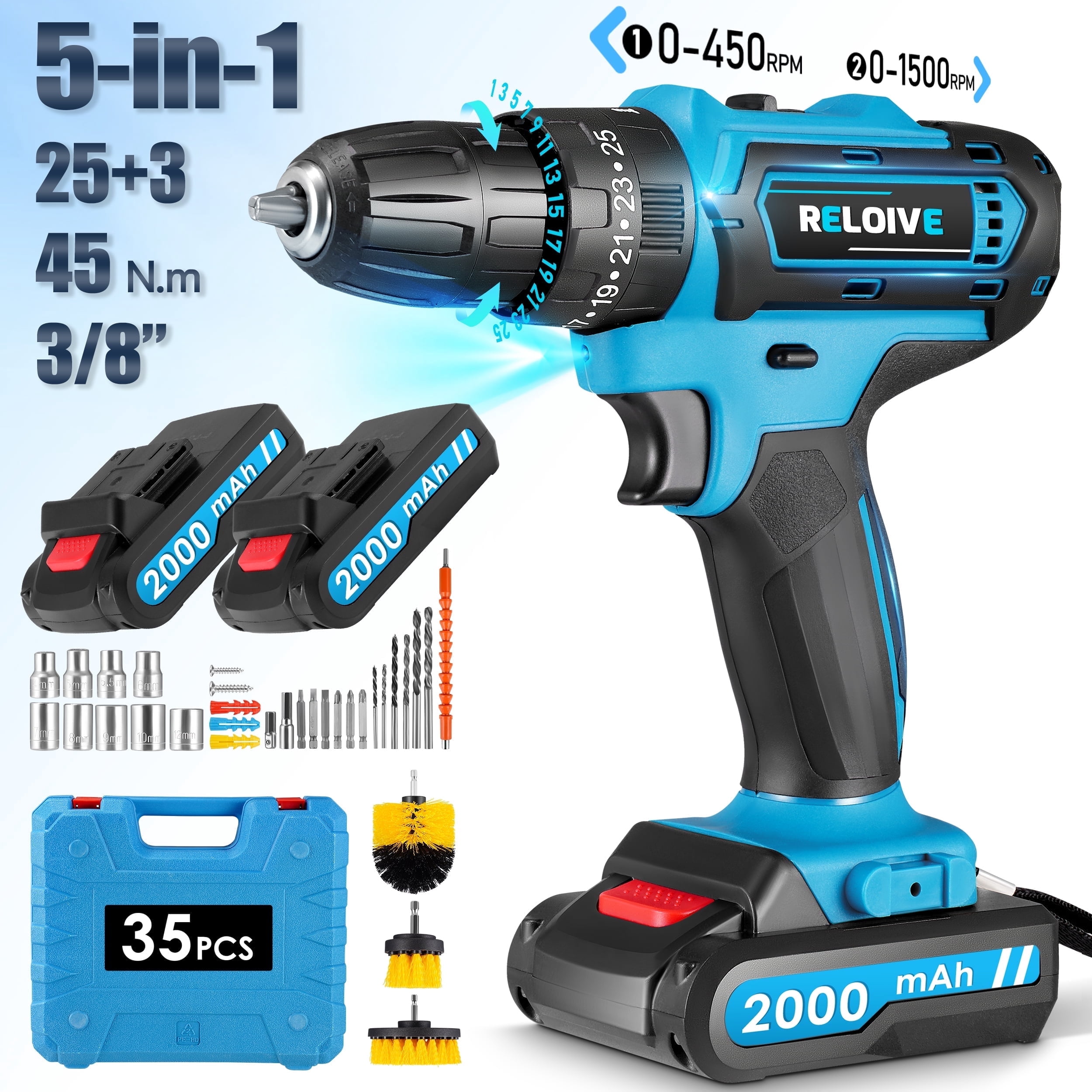 RELOIVE 21V Cordless Drill,Electric Power Drill Set with 2×2.0Ah Battery&Charger,3/8" Keyless Chuck,2-Speed,45N.m Torque,25+3 Position,35pcs Drill/Driver Bits