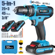 RELOIVE 21V Cordless Drill,Electric Power Drill Set with 2×2.0Ah Battery&Charger,3/8" Keyless Chuck,2-Speed,45N.m Torque,25+3 Position,35pcs Drill/Driver Bits