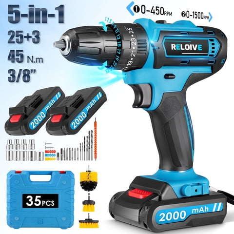 RELOIVE 21V Cordless Drill,Electric Power Drill Set with 2×2.0Ah Battery&Charger,3/8" Keyless Chuck,2-Speed,45N.m Torque,25+3 Position,35pcs Drill/Driver Bits