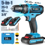 RELOIVE 21V Cordless Drill,Electric Power Drill Set with 2 2.0Ah Battery&Charger,3/8 Keyless Chuck,2-Speed,45N.m Torque,25+3 Position,35pcs Drill/Driver Bits