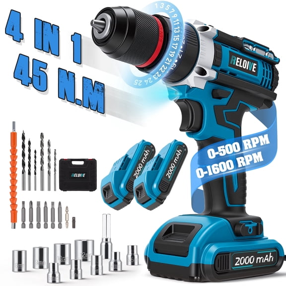 RELOIVE 21V Cordless Drill Driver,Power Drill Set with 2×2000mAh Batteries,4-in-1 Function,45N.m Max Torque,3/8" Keyless Chuck, 25+3 Position