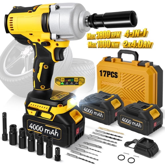 RELOIVE 1/2" Cordless Impact Wrench, Max Torque 737.562 ft-lbs(1000 N.m),3800 RPM Brushless Motor, 2 x 4.0Ah Batteries, 3 Speed Modes with Stepless Adjustment, Power Impact Wrench for Home, Car, Tire