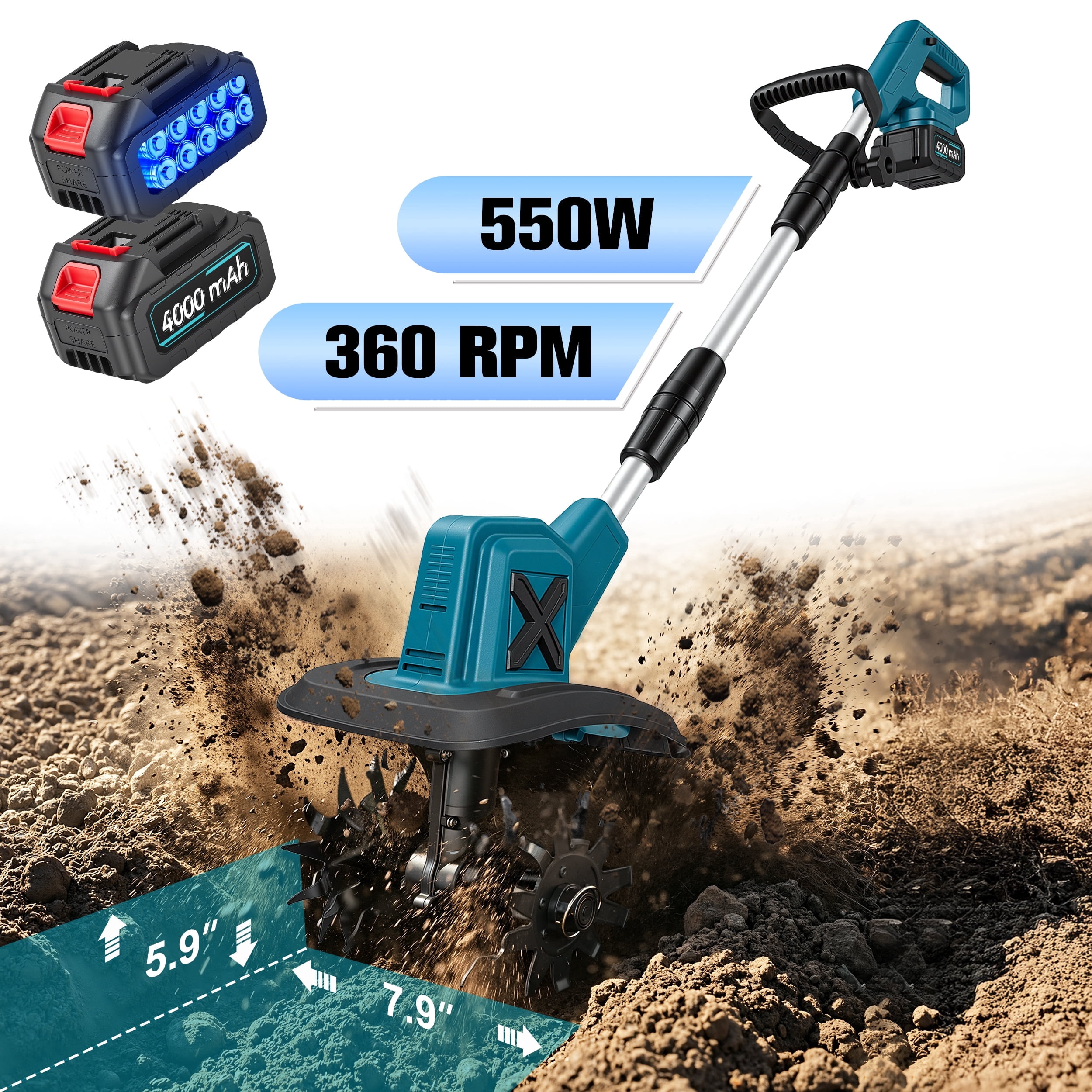 RELOIVE Cordless Electric Garden Tiller Cultivator, 21V 550W Brushless Motor, 2 x 4.0Ah Battery & Charger Included, 4 Steel Blades, 7.9in Tilling Width, Lightweight Soil Digger for Raised Beds, Weedi