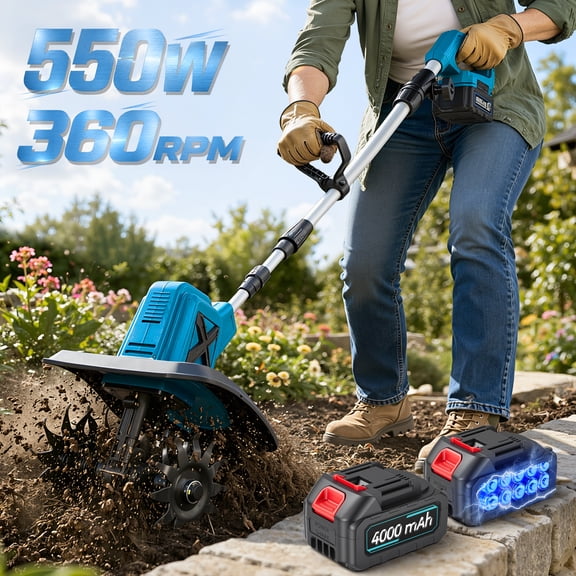 RELOIVE Cordless Electric Garden Tiller Cultivator, 21V 550W Brushless Motor, 2 x 4.0Ah Battery & Charger Included, 4 Steel Blades, 7.9in Tilling Width, Lightweight Soil Digger for Raised Beds, Weedi