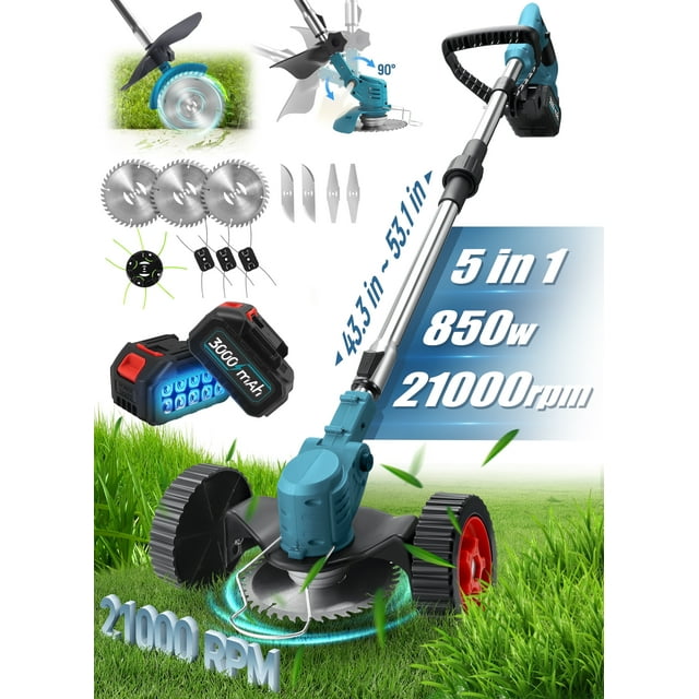 RELOIVE Electric Weed Wacker, Cordless Weed Eater with 2PCS 3000mAh Batteries and Charger, 5-in-1 Lawn Mower with Wheels, 43.3''-53.1'' Adjustable Grass Trimmer, Edger Lawn Tool for Garden Yard