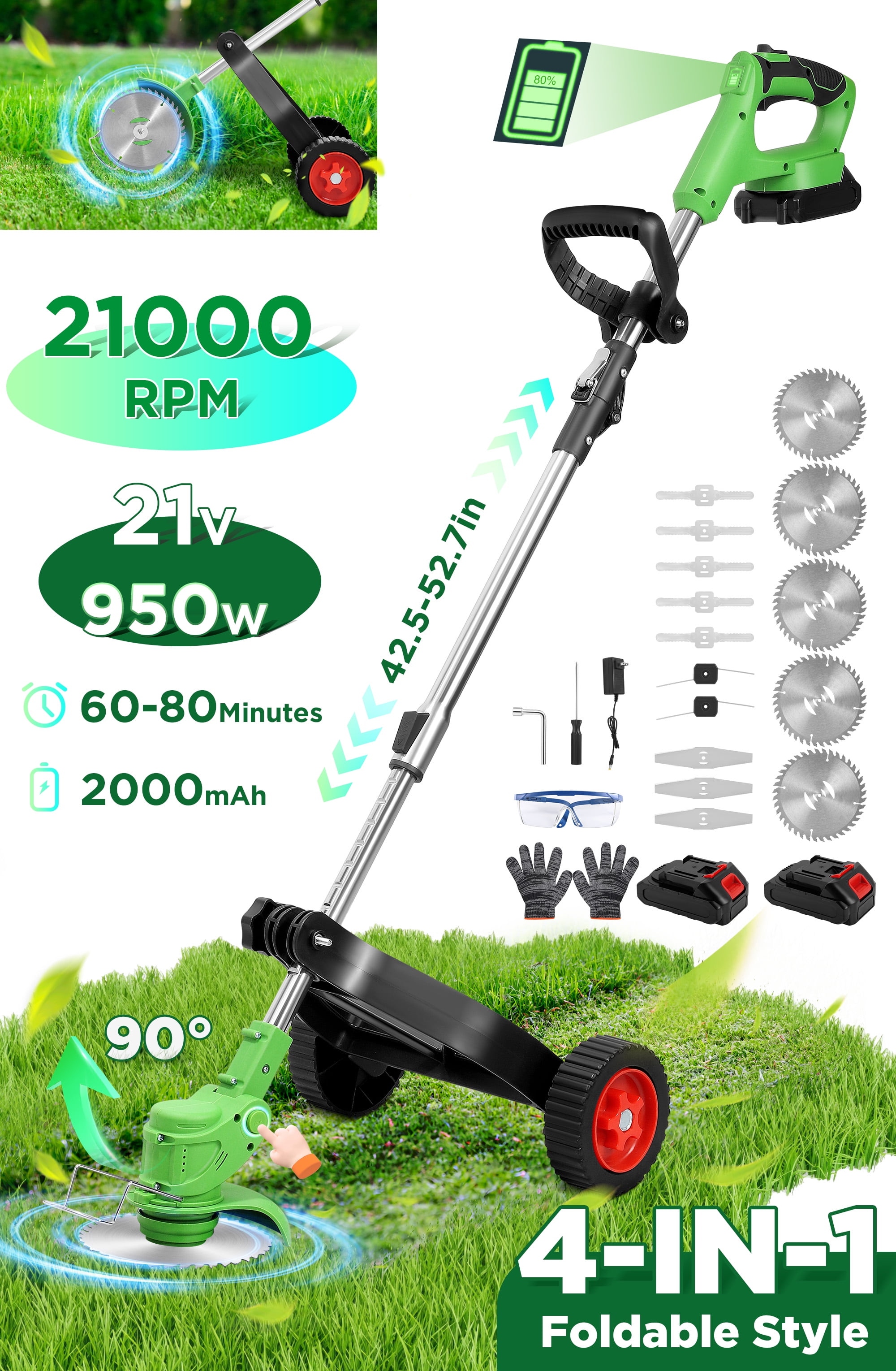 RELOIVE Weed Eater,Cordless Weed Trimmer,Electric Weed Wacker, with 2PCS 3000mAh Batteries and Charger, 5-in-1 String Trimmer with Wheels, 43.3''-53.1'' Adjustable for Garden Yard