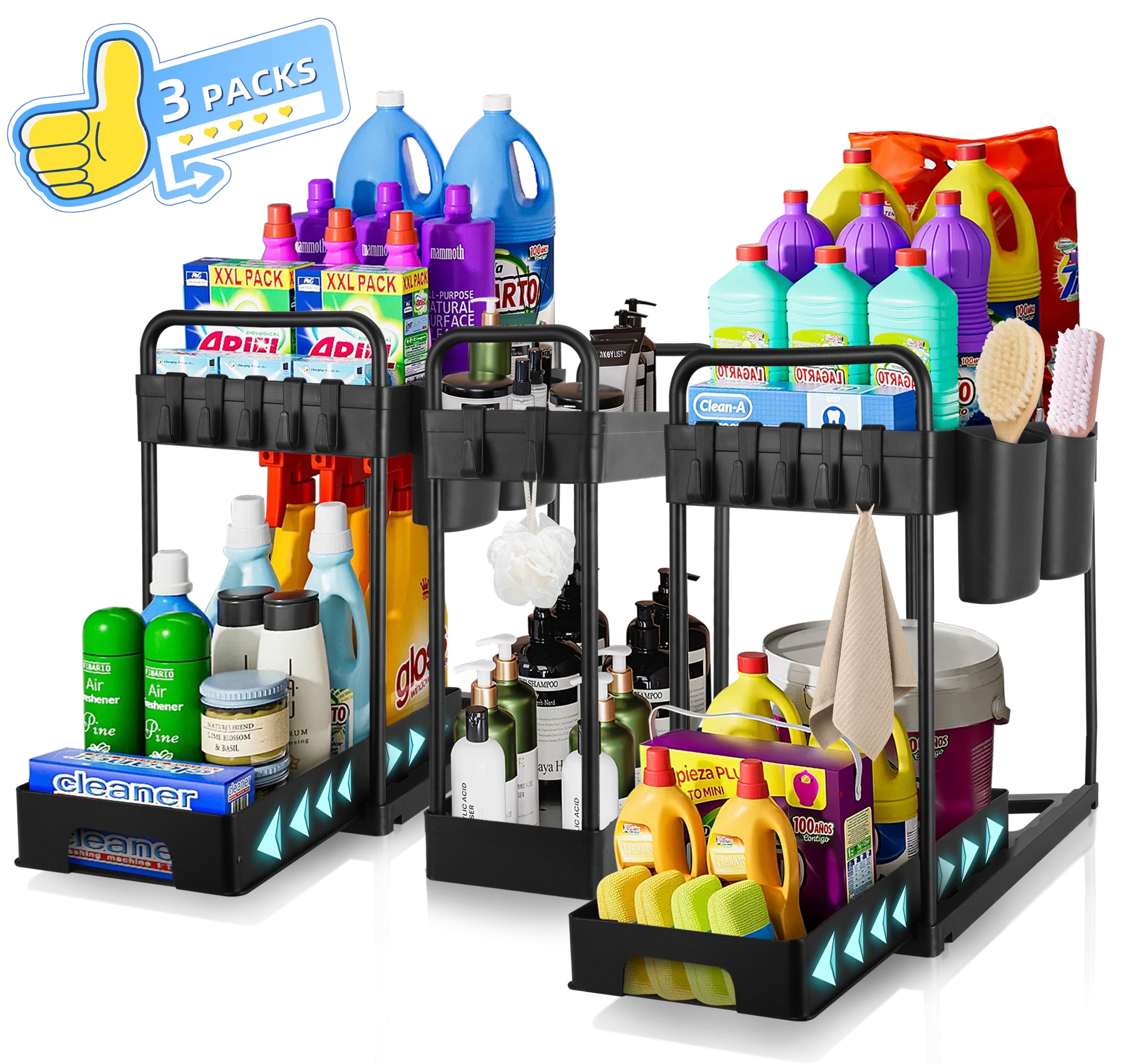 RELOIVE 3 Pack Under Sink Organizer and Storage, 2 Tier Sliding Cabinet Basket Organizer with 12 Hooks and 4 Hanging Cups,6 Handles,4 Partitions for Kitchen, Bathroom